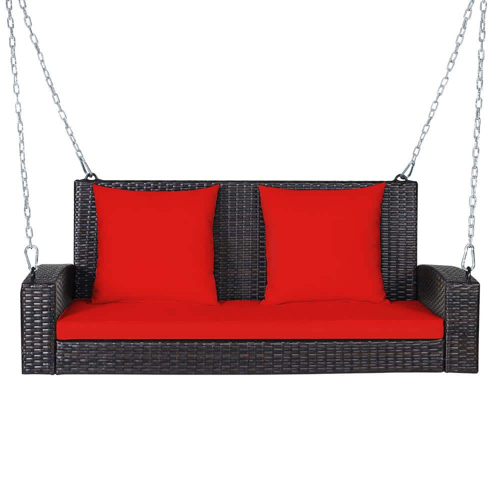 Costway 2-Person Patio Rattan Hanging Porch Swing Bench Chair Red Cushion
