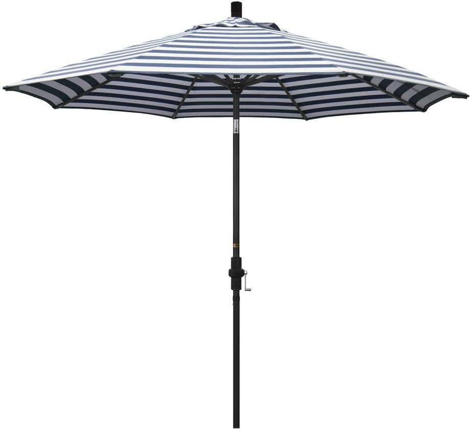 California Umbrella 9 ft. Aluminum Market Collar Tilt - Matted Black Patio Umbrella in Navy White Cabana Stripe Olefin