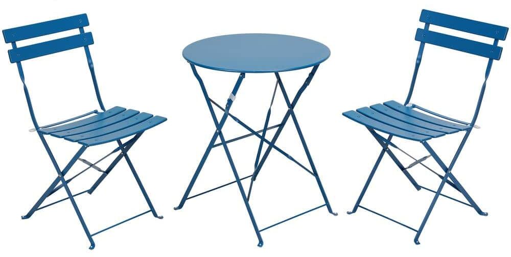 DESwan Peacock Blue 3-Piece Steel Foldable Chairs and Round Outdoor Table Bistro Set