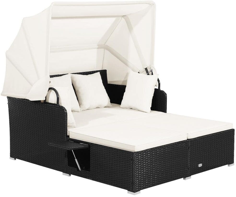 Costway Wicker Outdoor Day Bed Lounge with Retractable Top Canopy Side Tables Off White Cushions