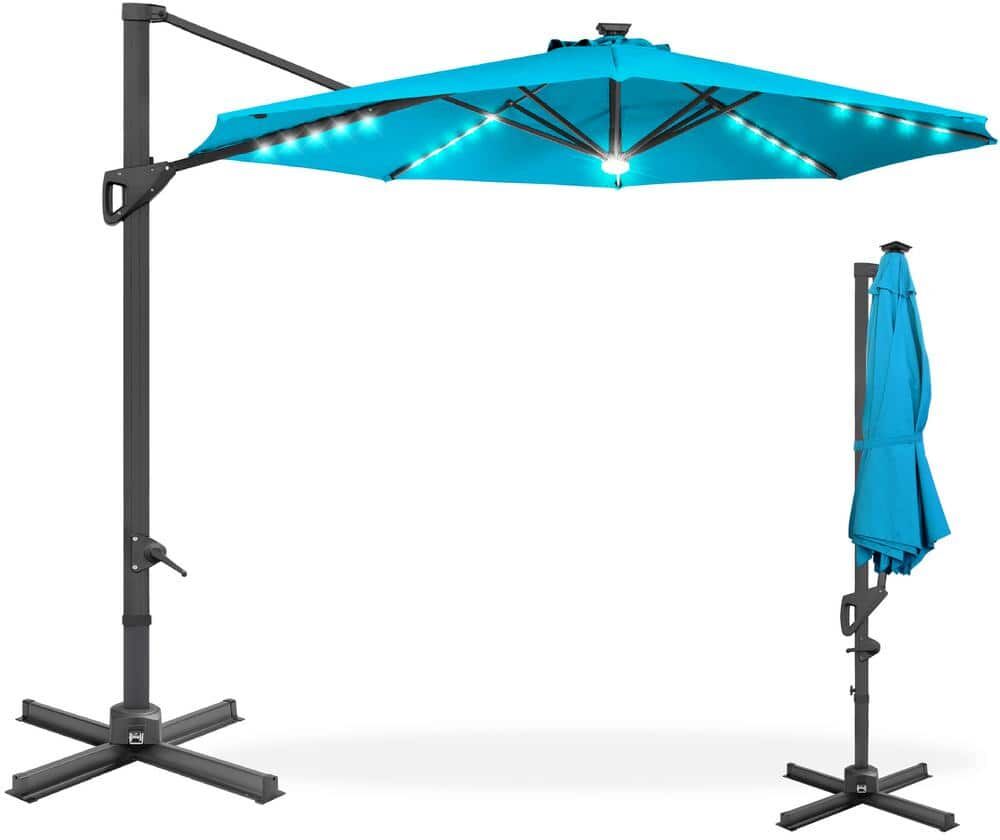 Best Choice Products 10 ft. 360-Degree Solar LED Cantilever Patio Umbrella, Outdoor Hanging Shade with Lights in Sky Blue