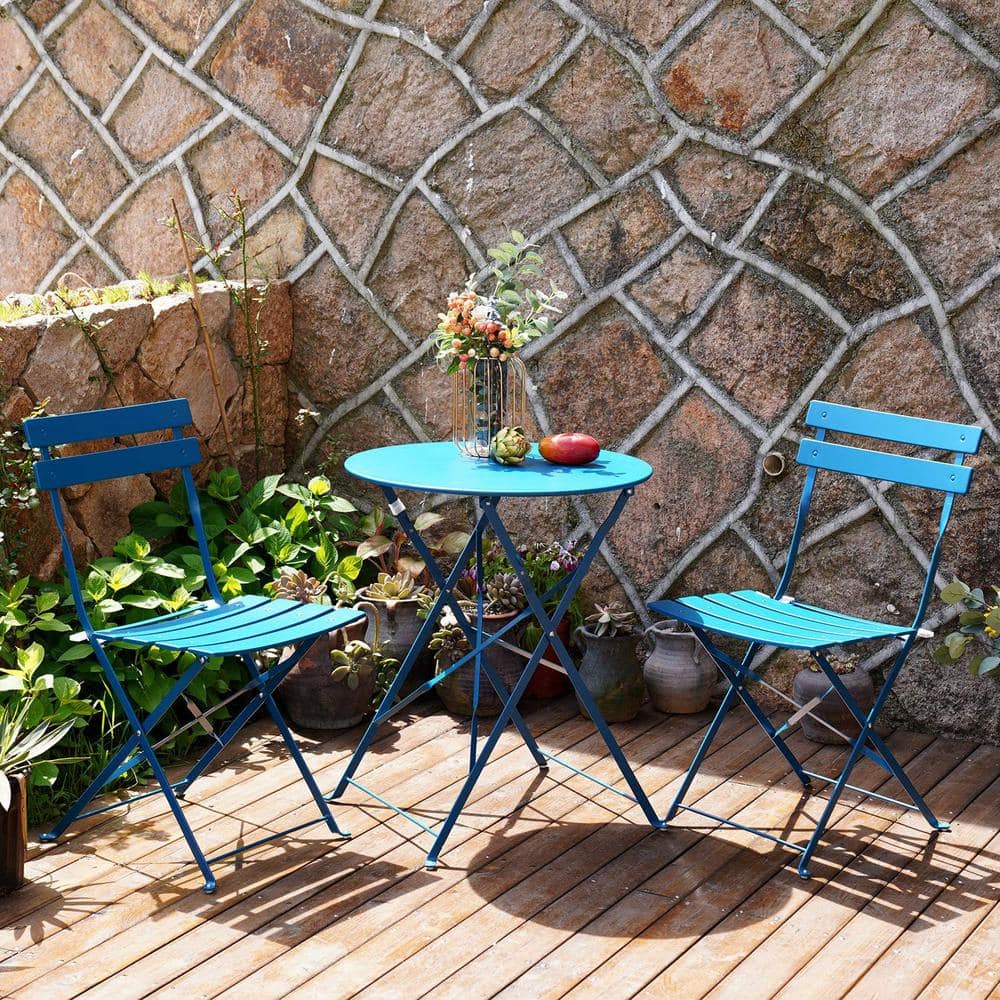 Yangming 3-Piece Steel Frame Round Table Patio Outdoor Bistro Dining Set, Foldable Patio Table and Chairs Furniture, Peacock Blue