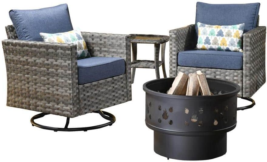 weaxty W Hanes Gray 4-Piece Wicker Patio Fire Pit Swivel Seating Set with CushionGuard Denium Blue Cushions