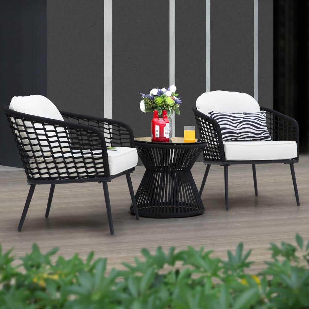 Nuu Garden 3-Piece Black Wicker Metal Outdoor Furniture Patio Conversation Set Stylish Balcony Porch Set with White Cushion