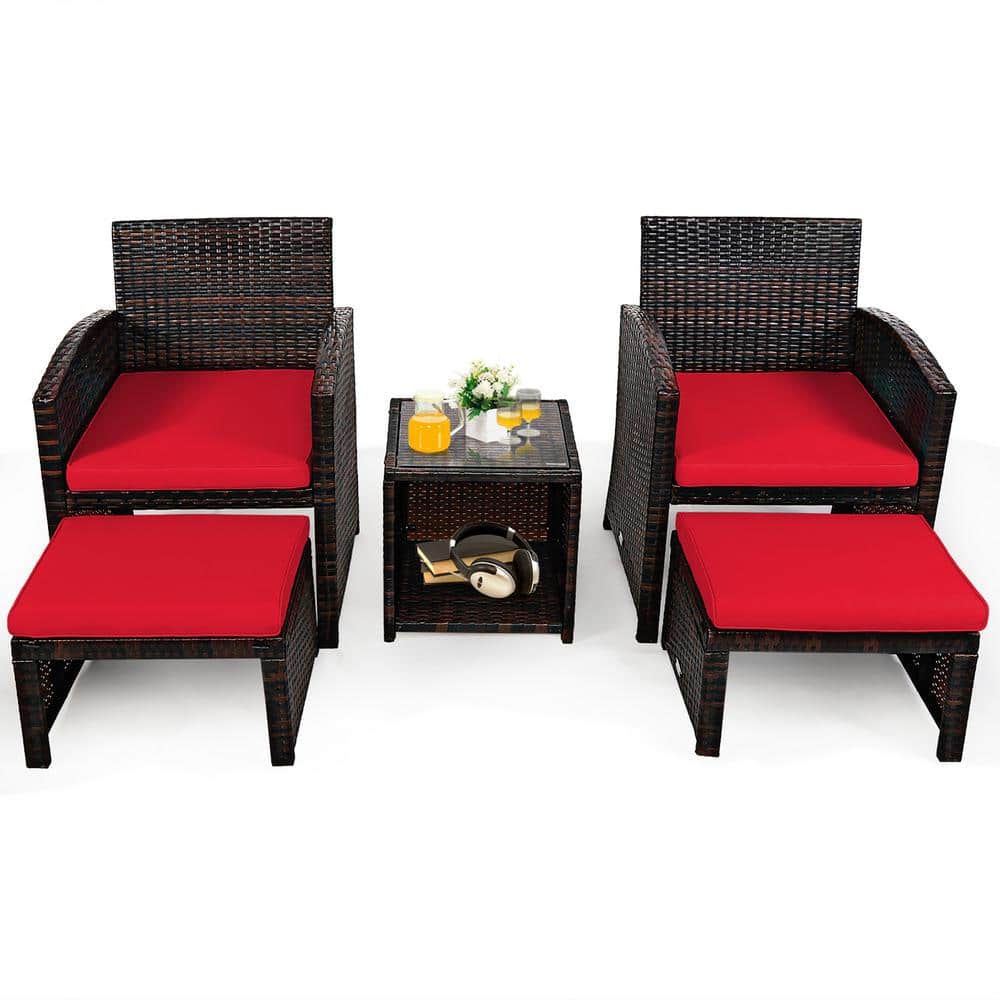 Costway 5-Piece Wicker Patio Conversation Set with Red Cushions Sofa Coffee Table Ottoman