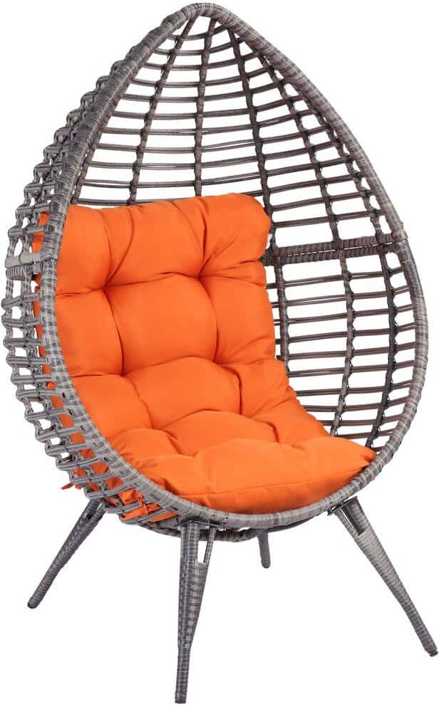 Outsunny Wicker Outdoor Lounge Chair with Orange Cushion Teardrop Chair Poolside Patio Seat