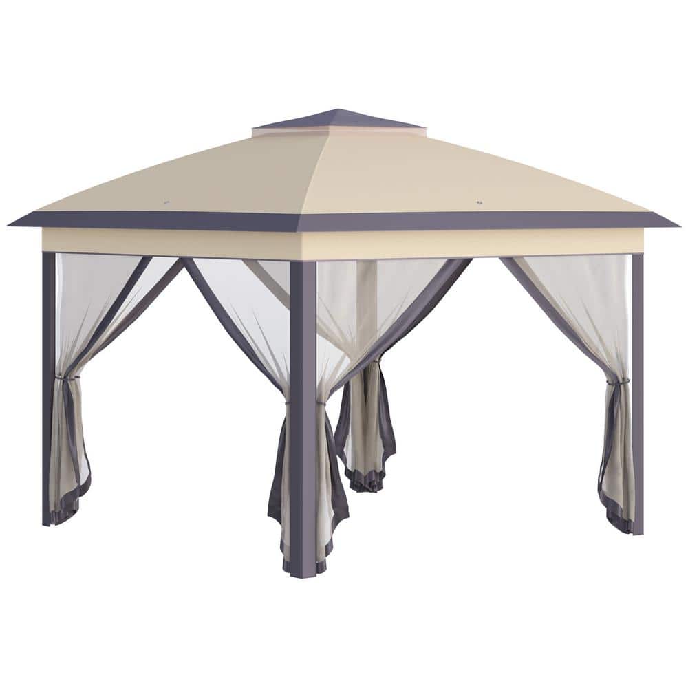 Outsunny 10.8 ft. x 10.8 ft. x 9.4 ft. Grey Pop Up Gazebo, Double Roof Foldable Canopy Tent Beige