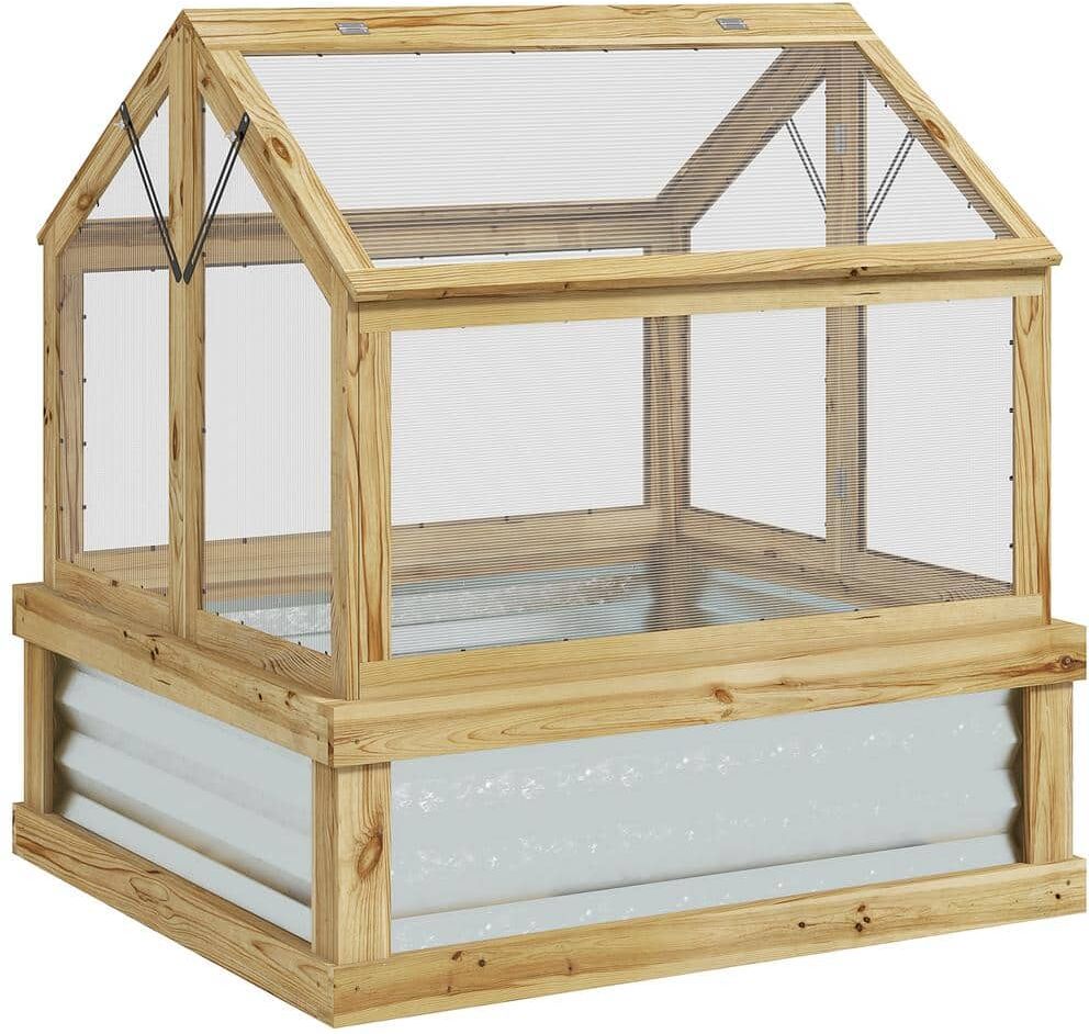 Outsunny 35.5 in. x 31.5 in. x 36 in. Fir Wood, Polycarbonate Natural Wood Cold Frame GREENHOUSE