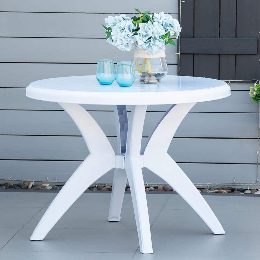 Outsunny Plastic White Outdoor Bistro Table with Umbrella Hole for Garden Lawn Backyard