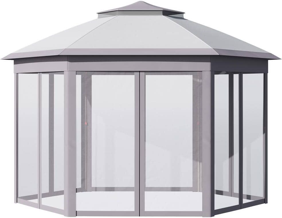 Outsunny 13 ft. x 11 ft. Pop Up Grey Gazebo, Double Roof Canopy Tent with Zippered Mesh Sidewalls