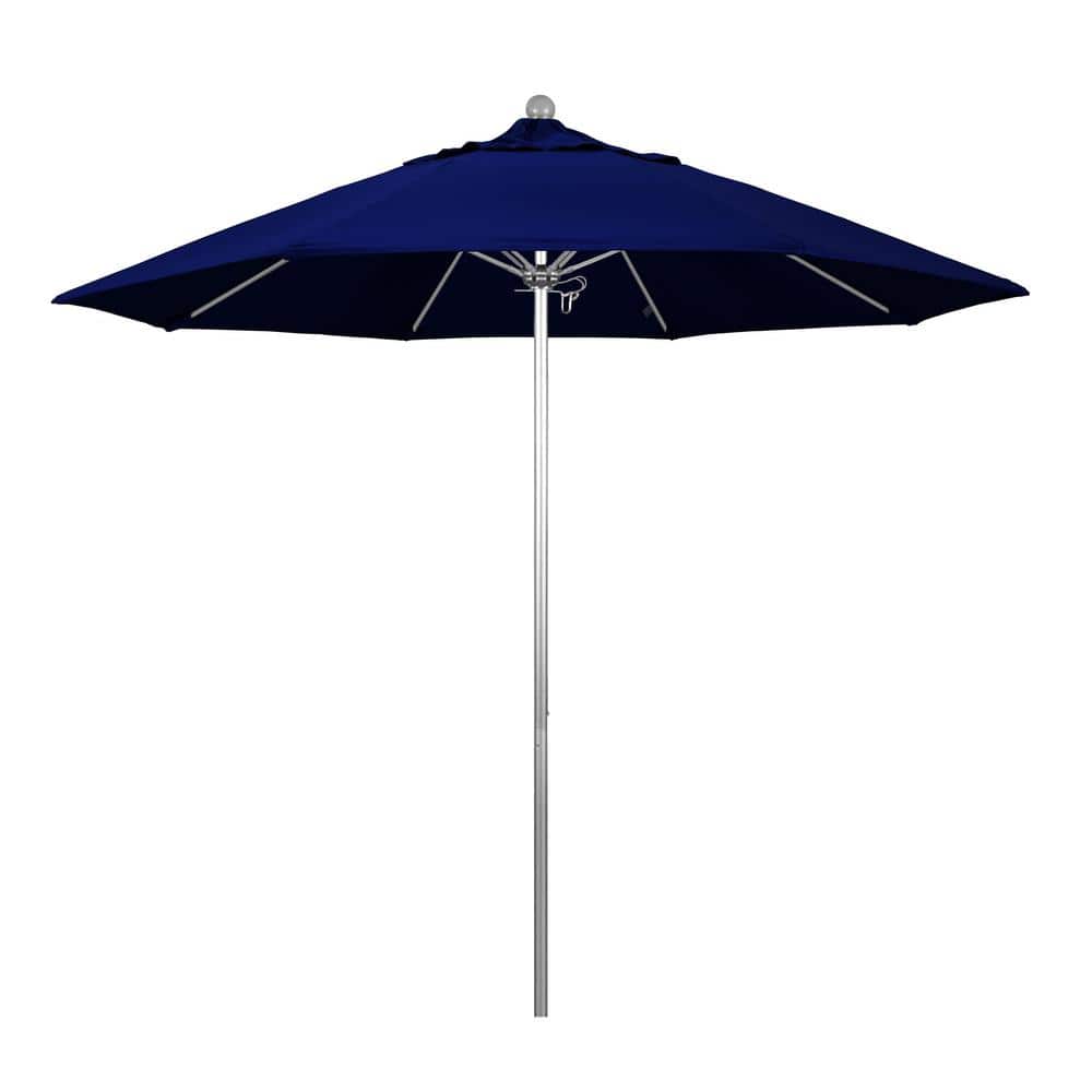 California Umbrella 9 ft. Silver Aluminum Commercial Market Patio Umbrella with Fiberglass Ribs and Push Lift in True Blue Sunbrella