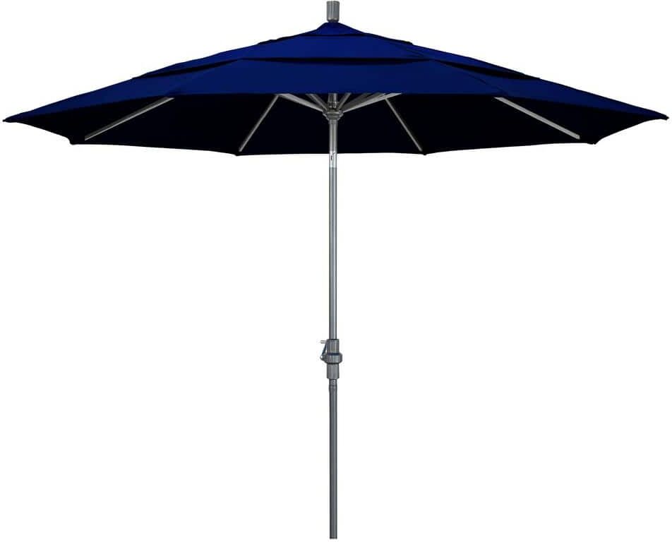 California Umbrella 11 ft. Hammertone Grey Aluminum Market Patio Umbrella with Crank Lift in True Blue Sunbrella