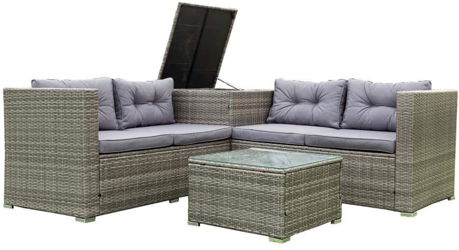 matrix decor Wicker Rattan Outdoor Furniture Sectional Set with Gray Cushions and Storage Box in Gray