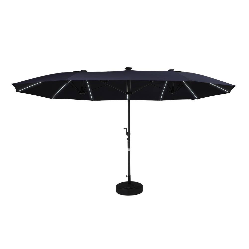 Clihome 15 ft. Outdoor Rectangular Innovative Crank Market Patio Umbrella in Blue with 22 in. Base, Fiberglass Ribs, LED Lights