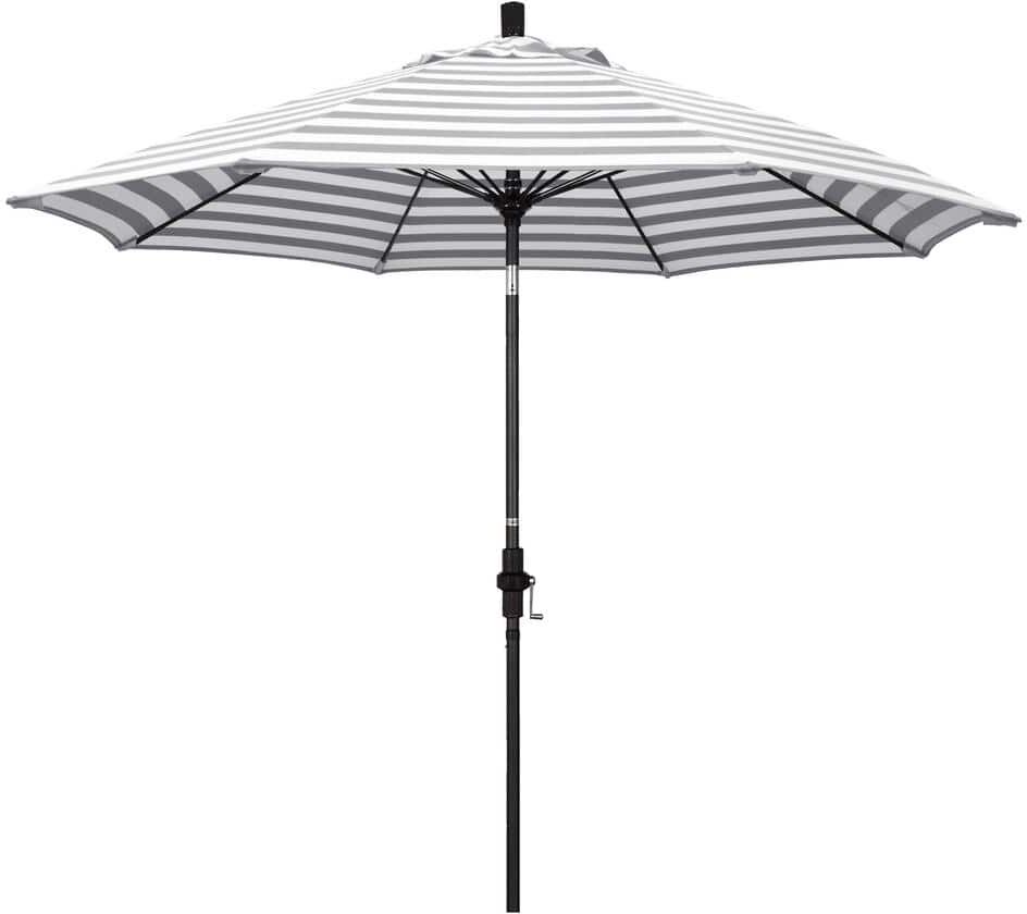 California Umbrella 9 ft. Fiberglass Market Collar Tilt Stone Black Patio Umbrella in Gray White Cabana Stripe Olefin