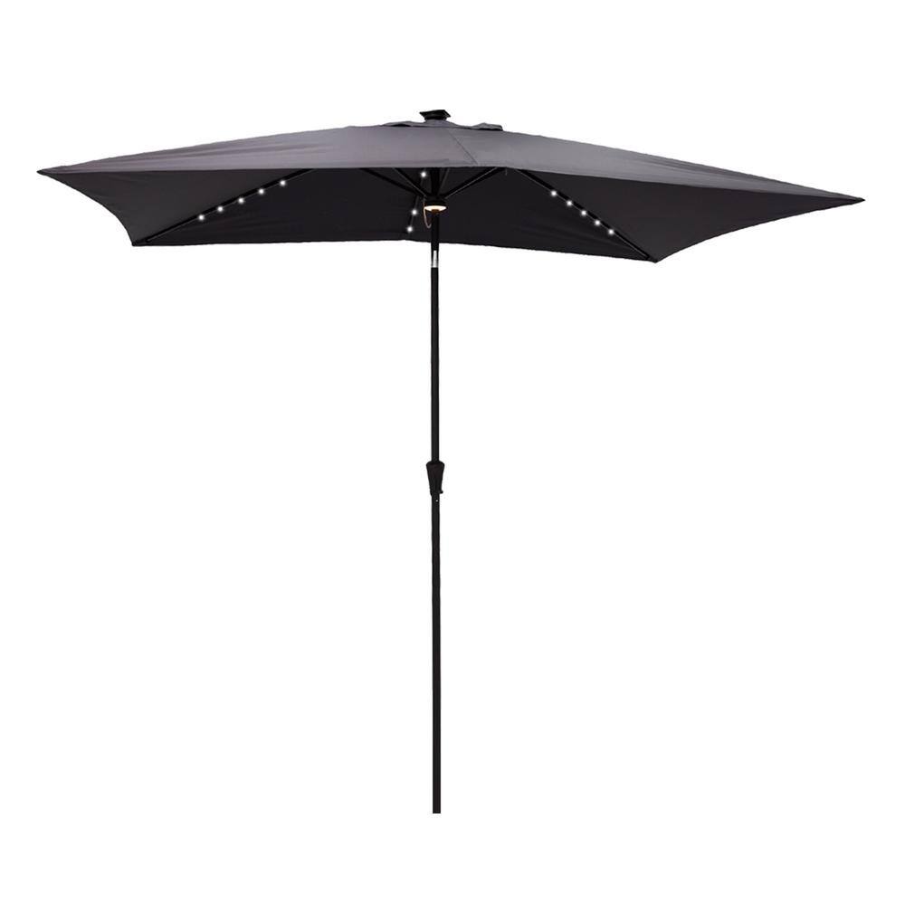 FLAME&SHADE 6-1/2 ft. x 10 ft. Rectangle Aluminum Market Solar LED Lighted Tilt Patio Umbrella in Anthracite Solution Dyed Polyester