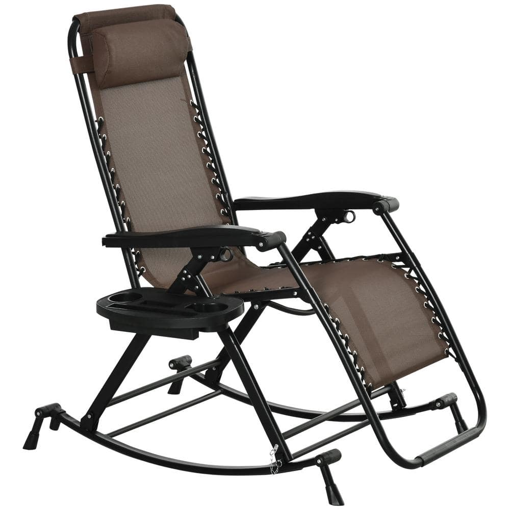 Outsunny Black Metal Outdoor Recliner Lounge Chair Patio Folding Rocker with Side Tray Slot Backrest Pillow Cup Phone Holder