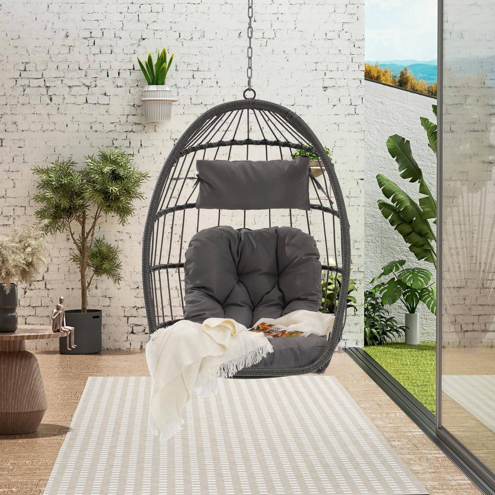 AUTMOON Outdoor Garden Rattan Egg Swing Chair Hanging Chair with Light Gray Cushions (No Stand)