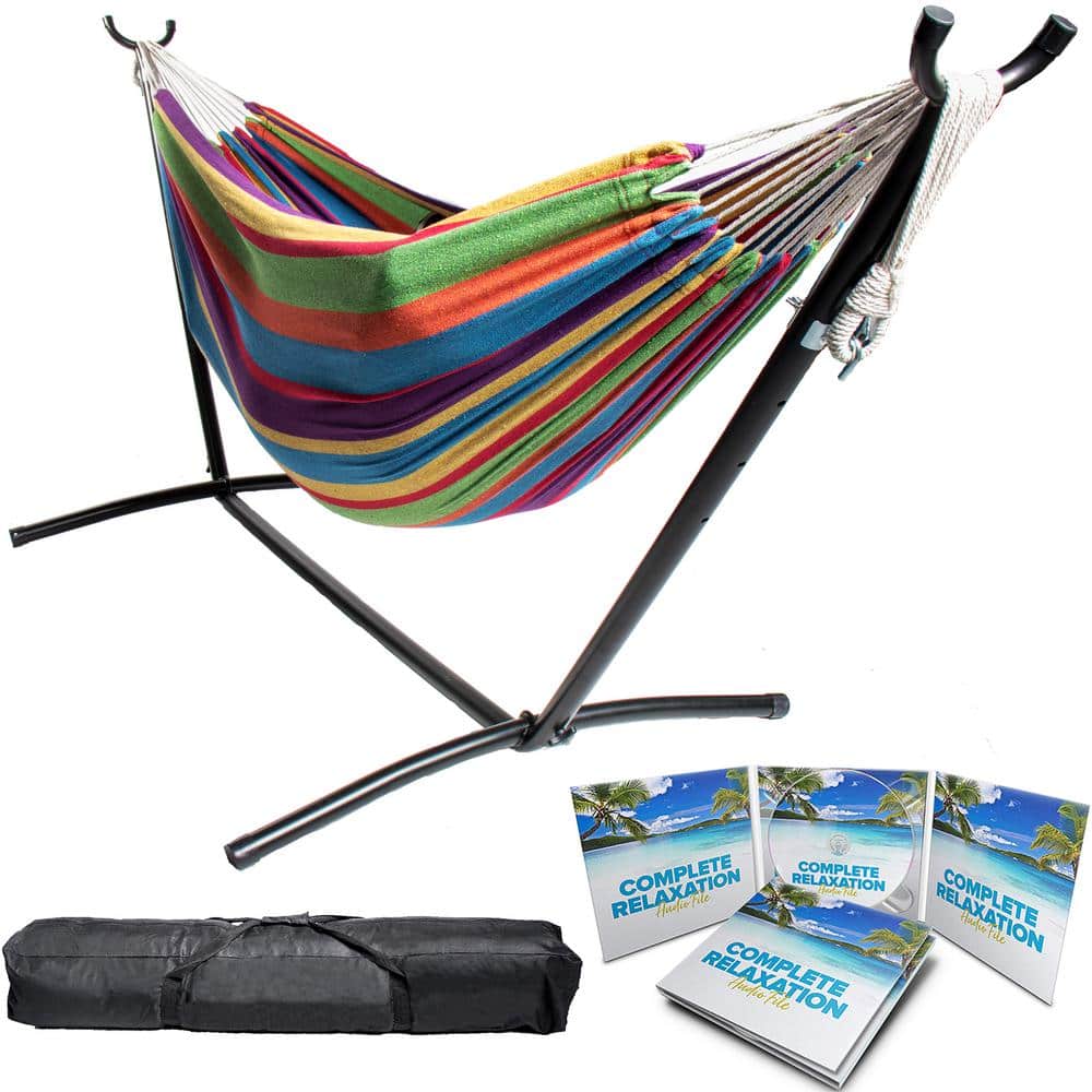 BACKYARD EXPRESSIONS PATIO · HOME · GARDEN 9 ft. Free Standing Hammock Bed Hammock with Stand in Caribbean Rainbow