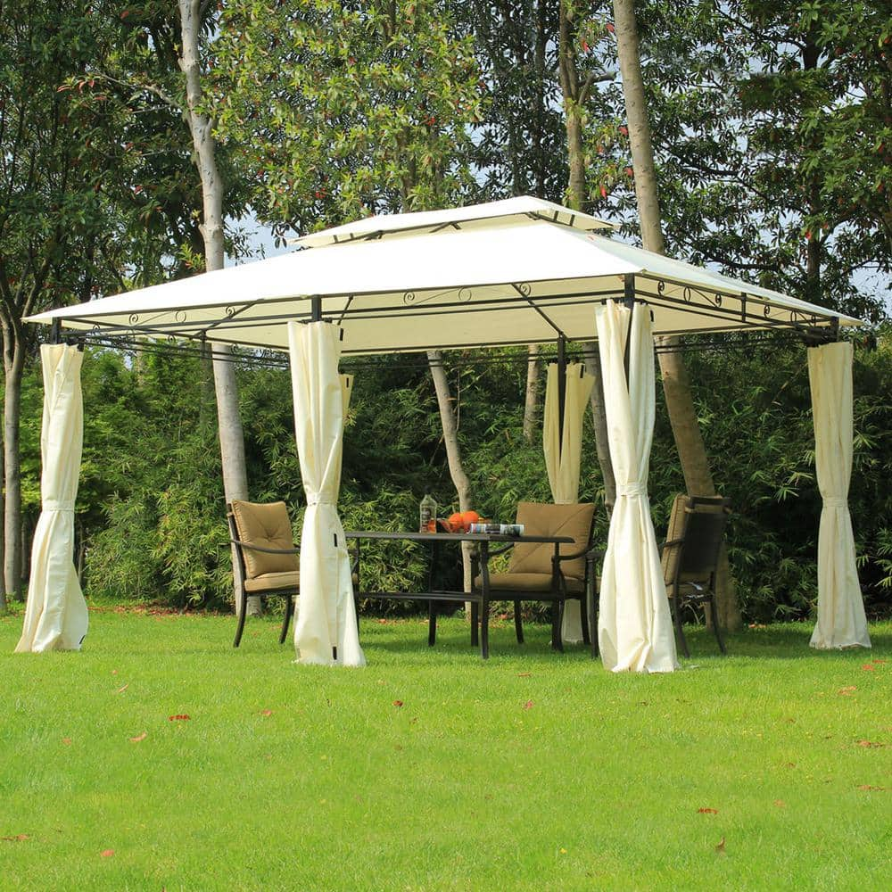 Outsunny 10 ft. x 13 ft. 2-Tier Steel Outdoor Garden Gazebo With Vented Soft Top Canopy And Removable Curtains, Cream White