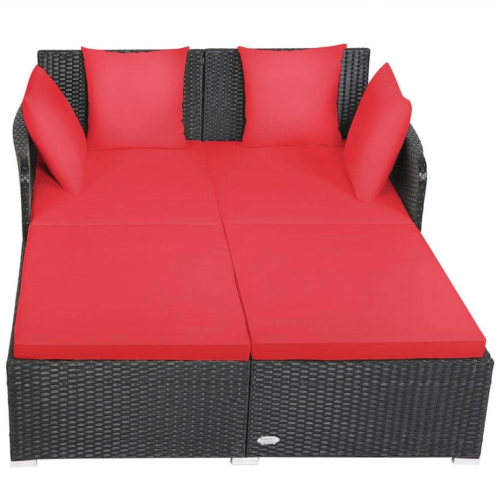 FORCLOVER HF 1-Piece Black Steel Frame Wicker Rattan Outdoor Day Bed with Red Cushions and 4 Pillows