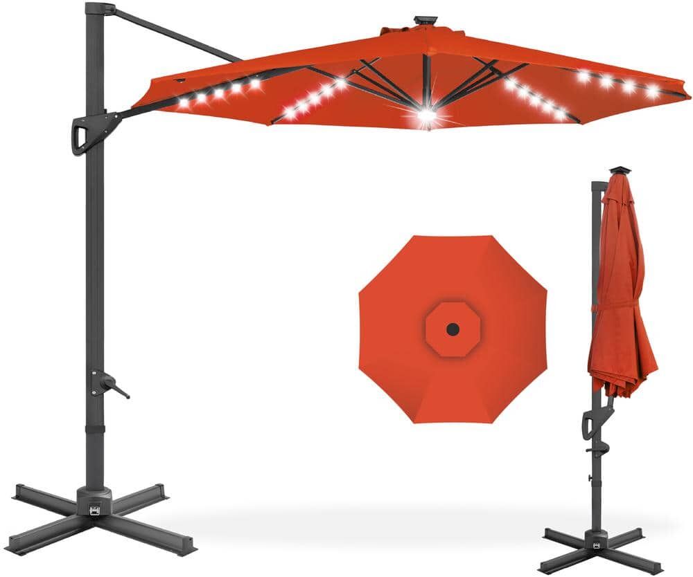 Best Choice Products 10 ft. 360-Degree Solar LED Cantilever Patio Umbrella, Outdoor Hanging Shade with Lights - Rust