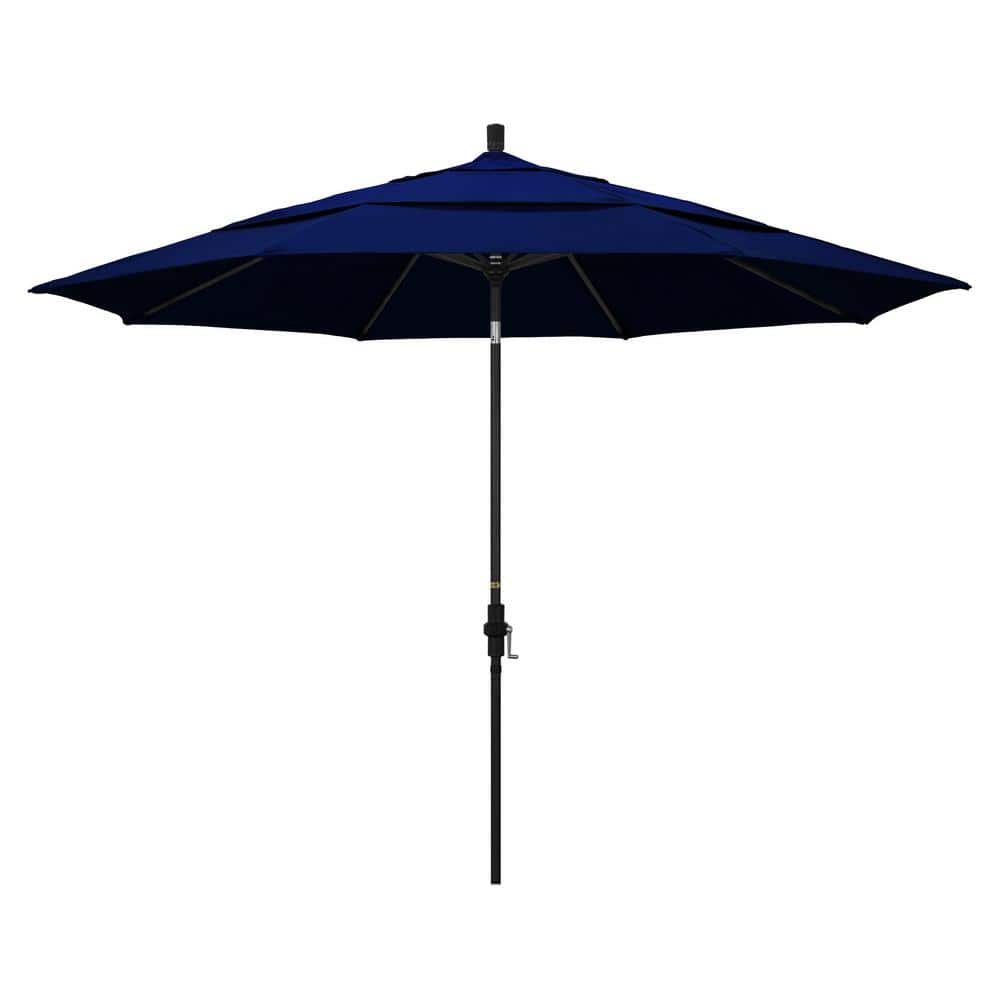 California Umbrella 11 ft. Stone Black Aluminum Market Crank Lift Patio Umbrella in True Blue Sunbrella