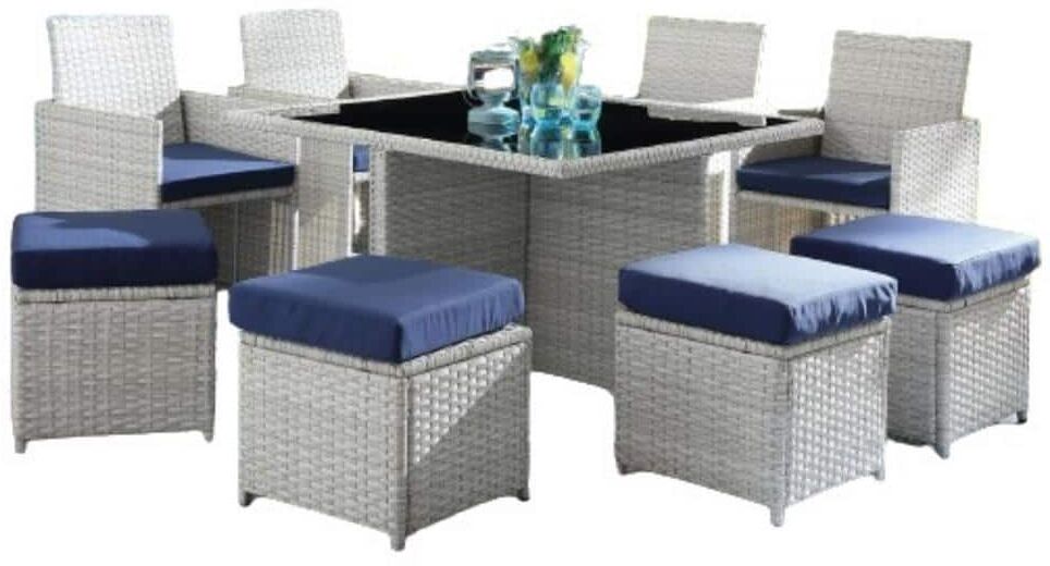 ITOPFOX Gray 9-Piece Fabric and Wicker Outdoor Sectional Set with Cushion Guard Blue Cushions Patio Set