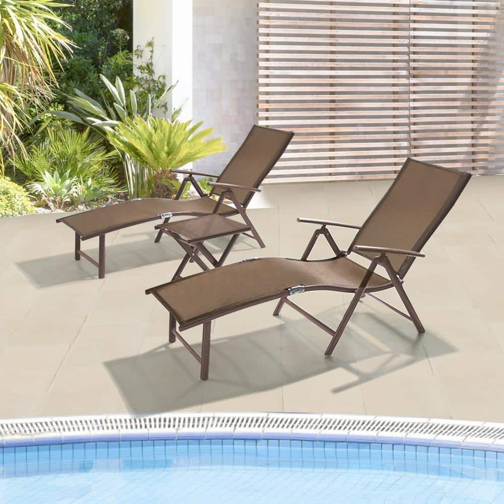 Pellebant 3-Piece Adjustable Aluminum Outdoor Chaise Lounge in Brown with Side Table
