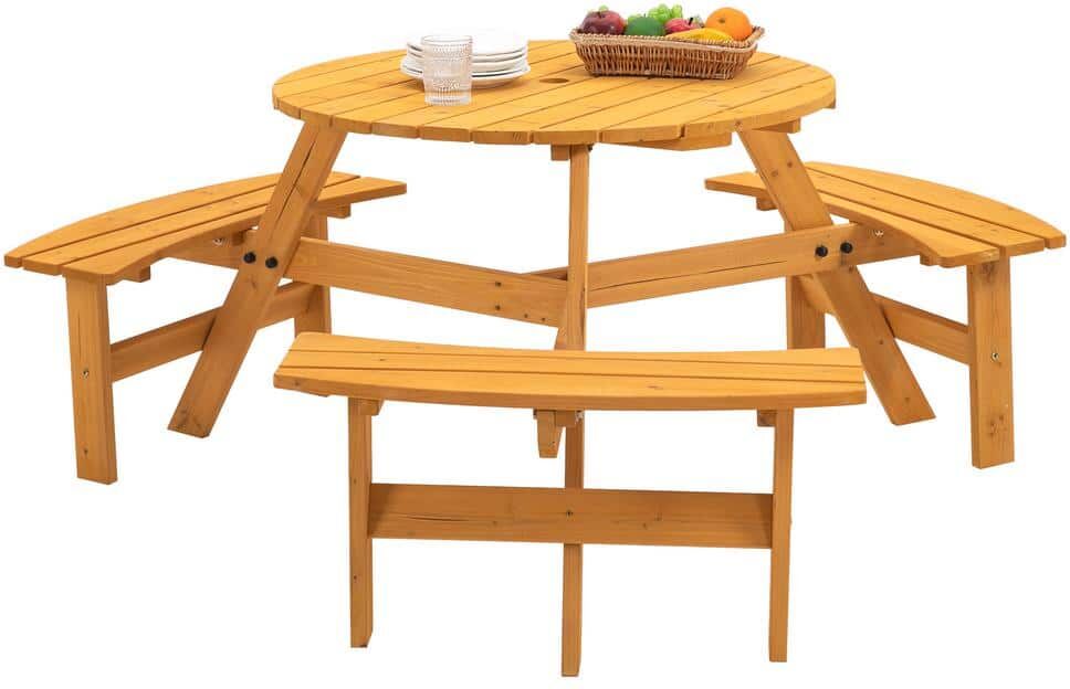 matrix decor 66.92 in. Natural Round Wood Picnic Table Seats 6 People with Umbrella Hole, for Patio, Backyard, Garden