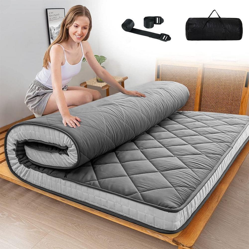 BOZTIY Japanese Floor Mattress 4 in, Polyester Fill Tatami Mat Sleeping Pad Foldable Roll Up Mattress, Queen, Coffee