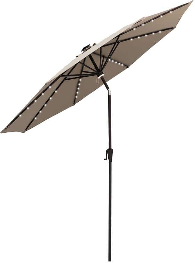 FLAME&SHADE 10 ft. Aluminum Market Solar Lighted Tilt Patio Umbrella with LED in Taupe Solution Dyed Polyester