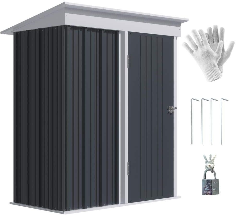 Outsunny 5 ft. W x 3 ft. D Metal Shed for Garden with Floor Base, Adjustable Shelf, Lock and Gloves (15 sq. ft.)