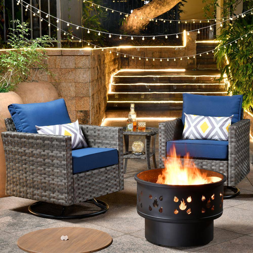 weaxty W Hanes Gray 4-Piece Wicker Patio Fire Pit Swivel Seating Set with CushionGuard Navy Blue Cushions