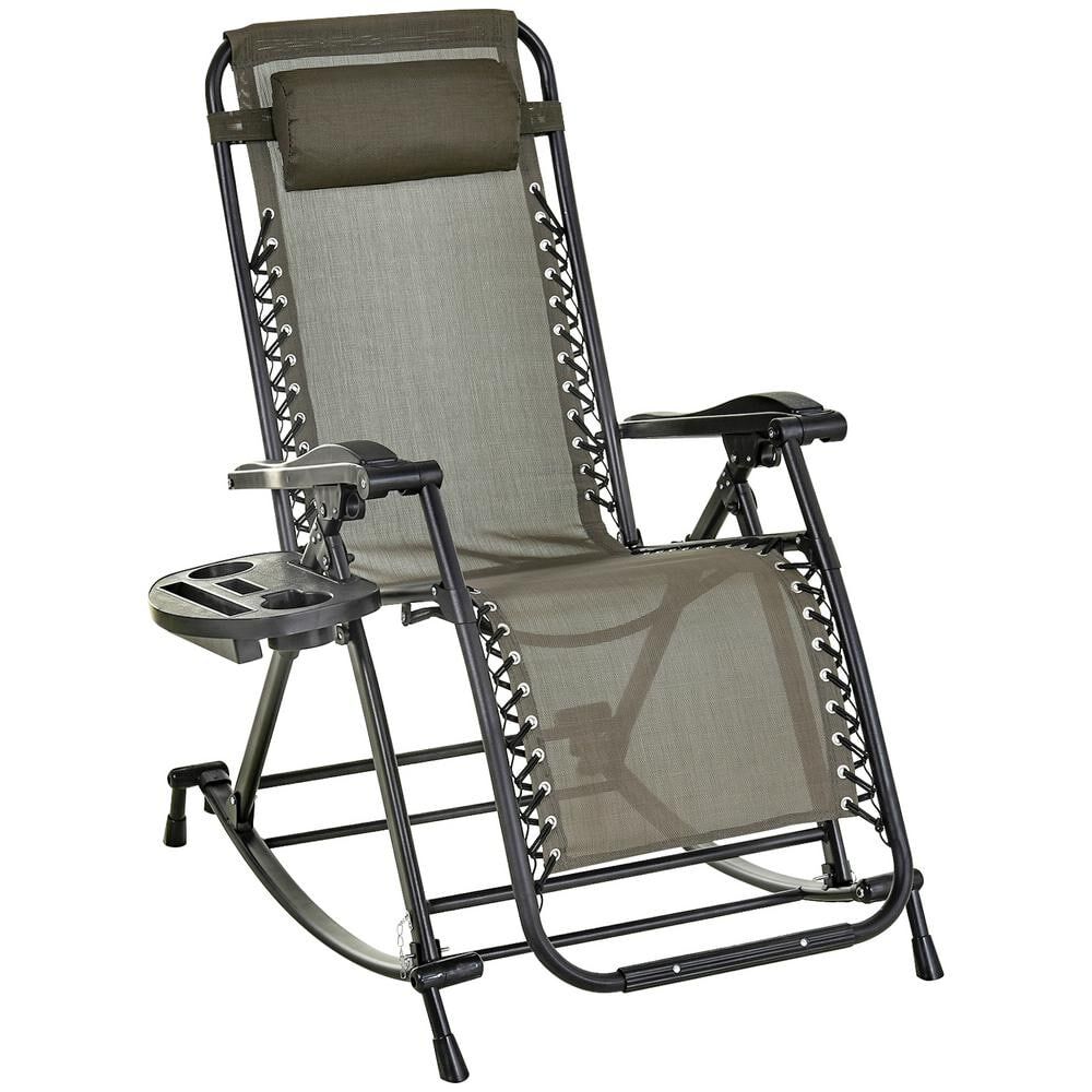 Tenleaf Black Metal Foldable Anti-Gravity Outdoor Rocking Chair in Gray Seat with Pillow, Cup and Phone Holder, Combo Design