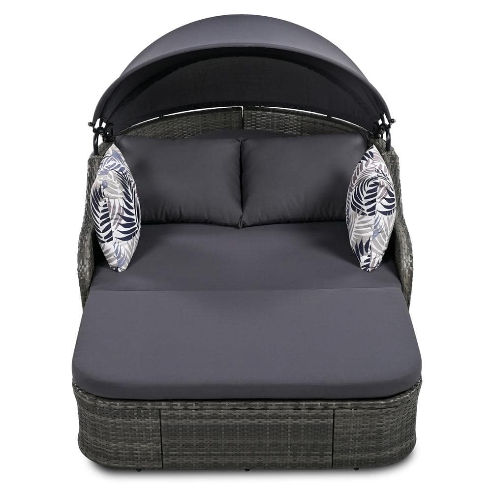 Cesicia Gray Wicker Outdoor Day Bed with Gray Cushion and Adjustable Canopy