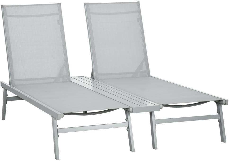 Outsunny Light Gray Metal Chaise Lounge Pool Chairs, Fabric Set of 2 Outdoor Sun Tanning Chairs with 5-Position Reclining Back