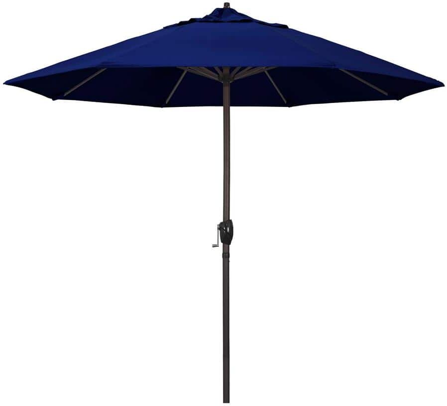 California Umbrella 9 ft. Bronze Aluminum Market Auto-tilt Crank Lift Patio Umbrella in True Blue Sunbrella