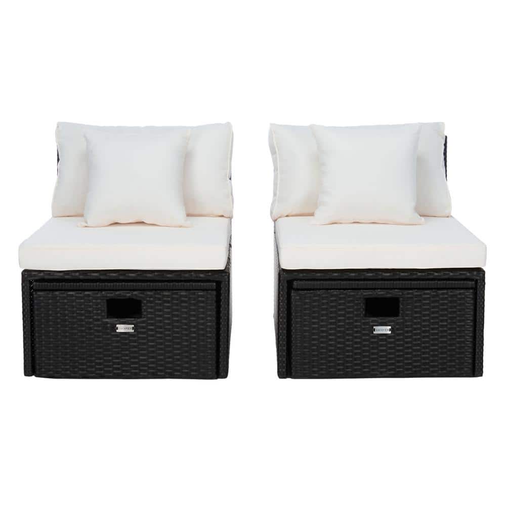 SAFAVIEH Pramla Black 2-Pieces Wicker Outdoor Chaise Lounge Chair with White Cushion