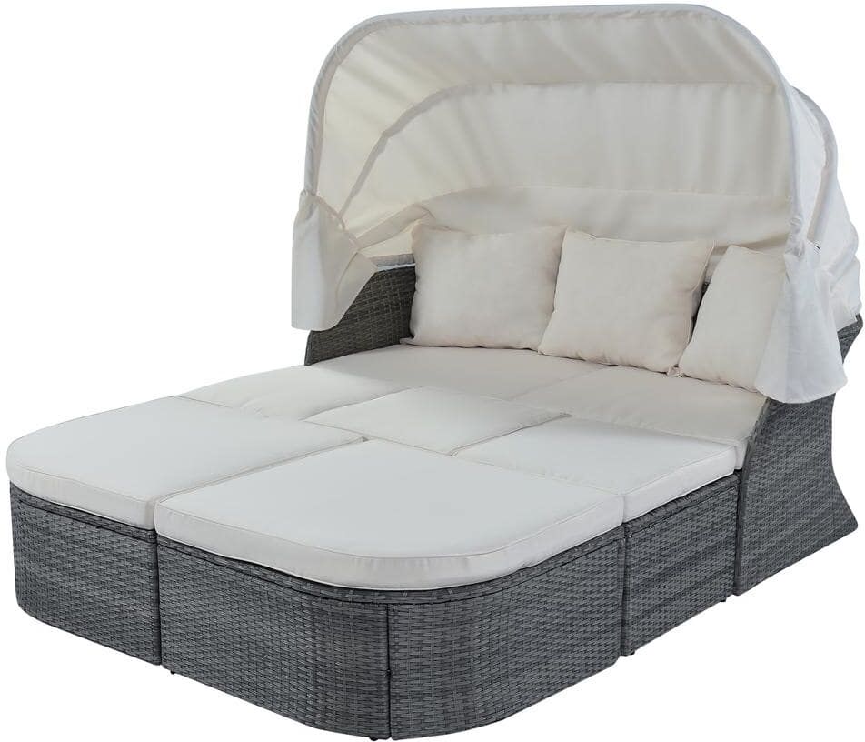 Afoxsos Gray Frame 6-Piece Wicker Outdoor Chaise Lounge Day Bed Sunbed with Canopy and Beige Cushions