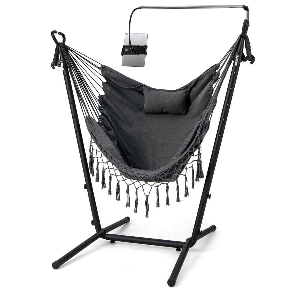 ANGELES HOME 5 ft. Free Standing Height Adjustable Hammock Chair with Phone Holder and Side Pocket in Gray