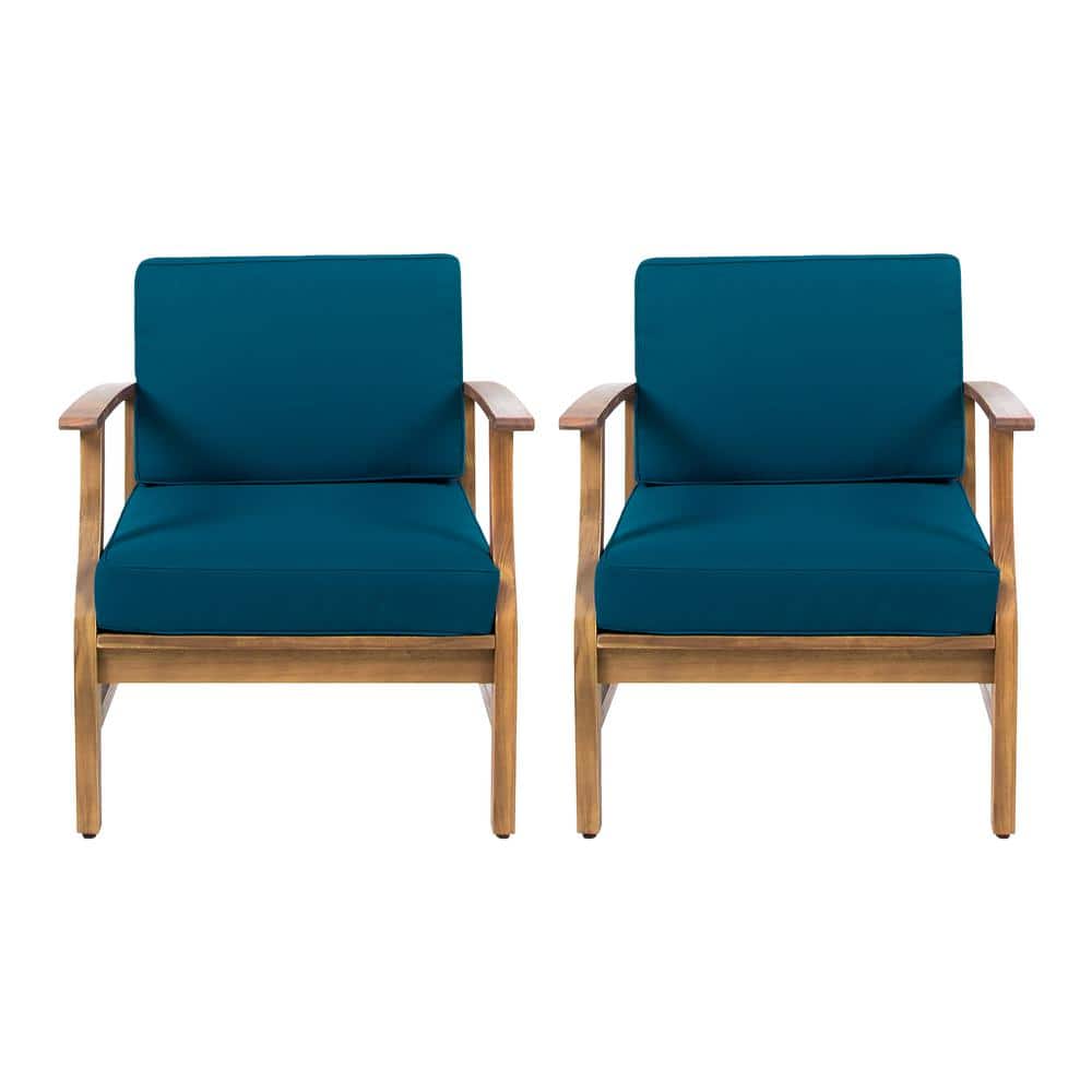 Noble House Perla Teak Finish Wood Outdoor Club Lounge Chairs with Blue Cushions (2-Pack)