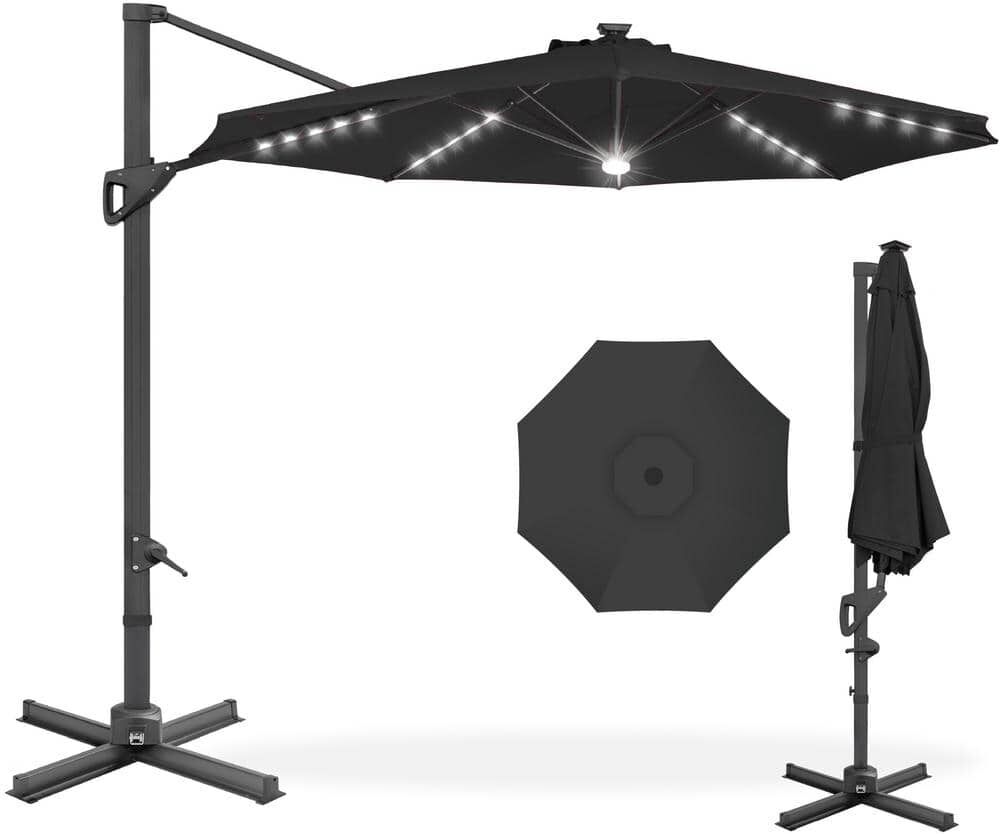 Best Choice Products 10 ft. 360-Degree Solar LED Cantilever Patio Umbrella, Outdoor Hanging Shade with Lights - Black