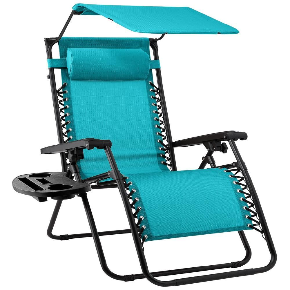 Best Choice Products Zero Gravity Folding Reclining Peacock Blue Outdoor Lawn Chair with Canopy Shade, Headrest Tray