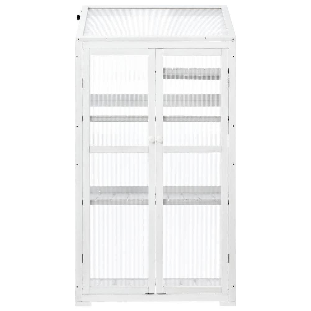 Zeus & Ruta 31.5x22.4x62in Wood Greenhouse Balcony Portable Cold Frame with Wheels and Adjustable Shelves for Outdoor Indoor, White