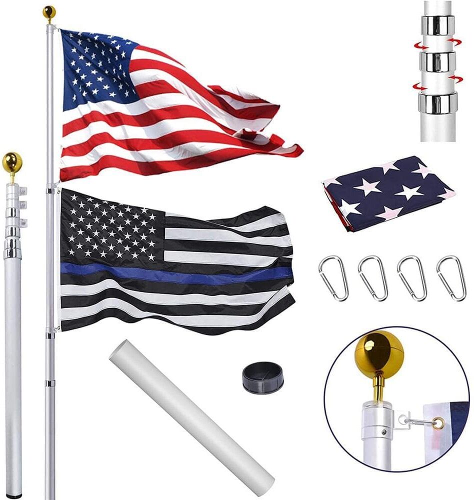 Cisvio 25 ft. Telescopic Aluminum Flag Pole Fly 2 Flags 3 ft. x 5 ft. US Flag Ball Top Kit Telescoping Flagpole