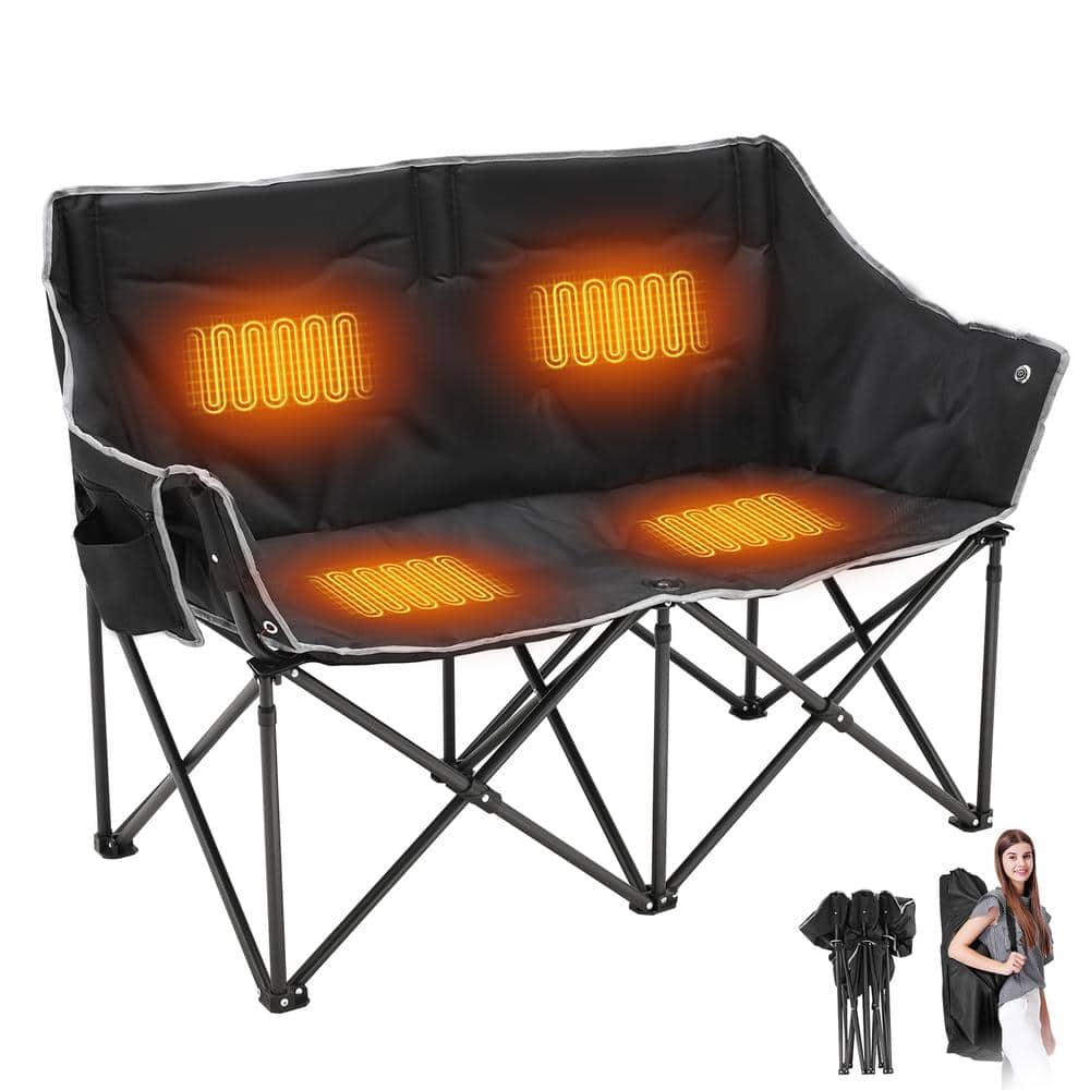 BOZTIY Heated Double Camping Chair, Portable Heated Folding Chairs For Outdoor Sports With 3 Heat Levels