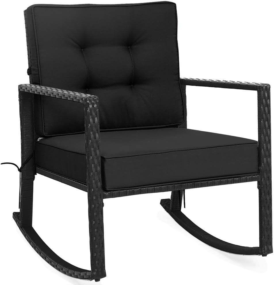 Costway Patio Rattan Rocker Chair Outdoor Glider Rocking Chair Cushion Lawn Black