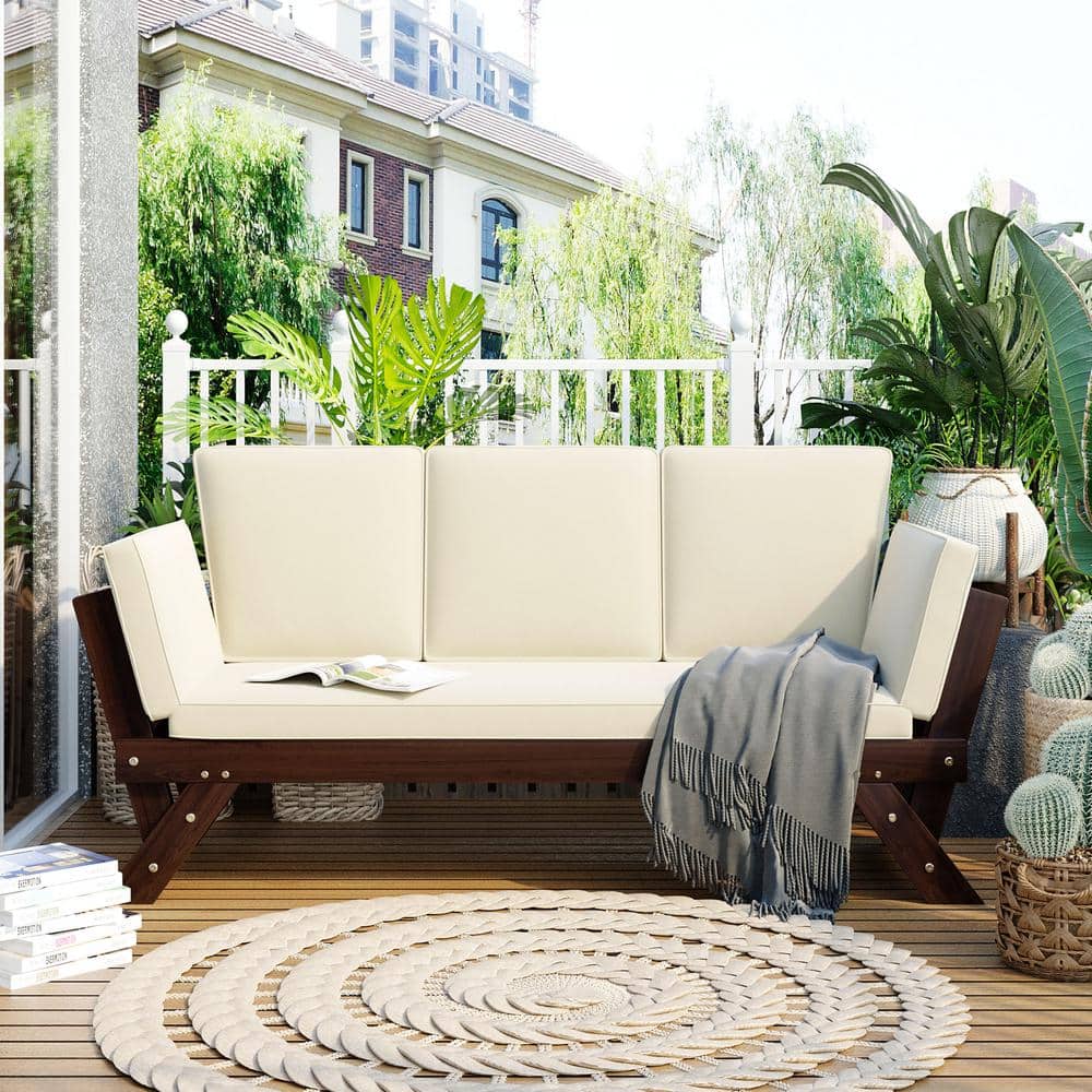 Harper & Bright Designs Small Place Acacia Brown Wood Outdoor Couch Day Bed with Beige Cushions