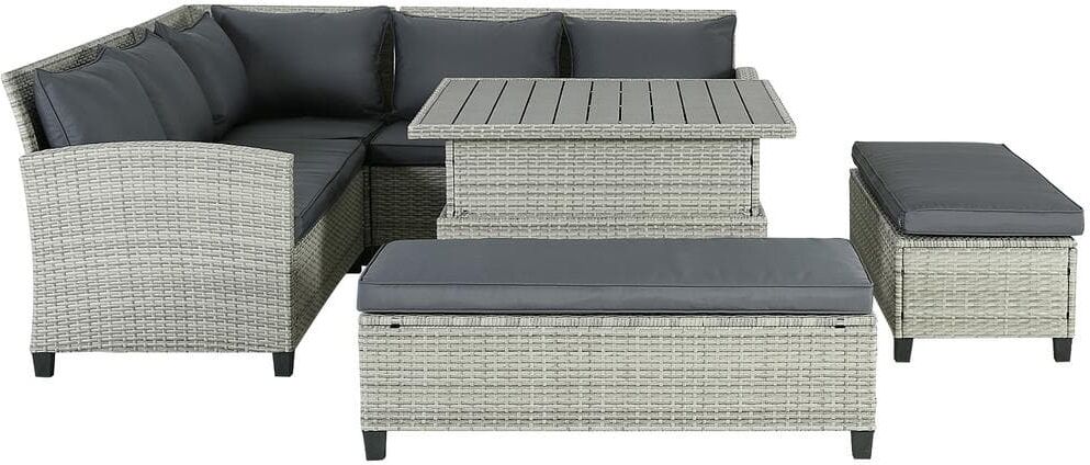 Gray 6-Piece Patio Sectional Wicker Rattan Outdoor Sofa With Elevating Table Set for Patio, Yard